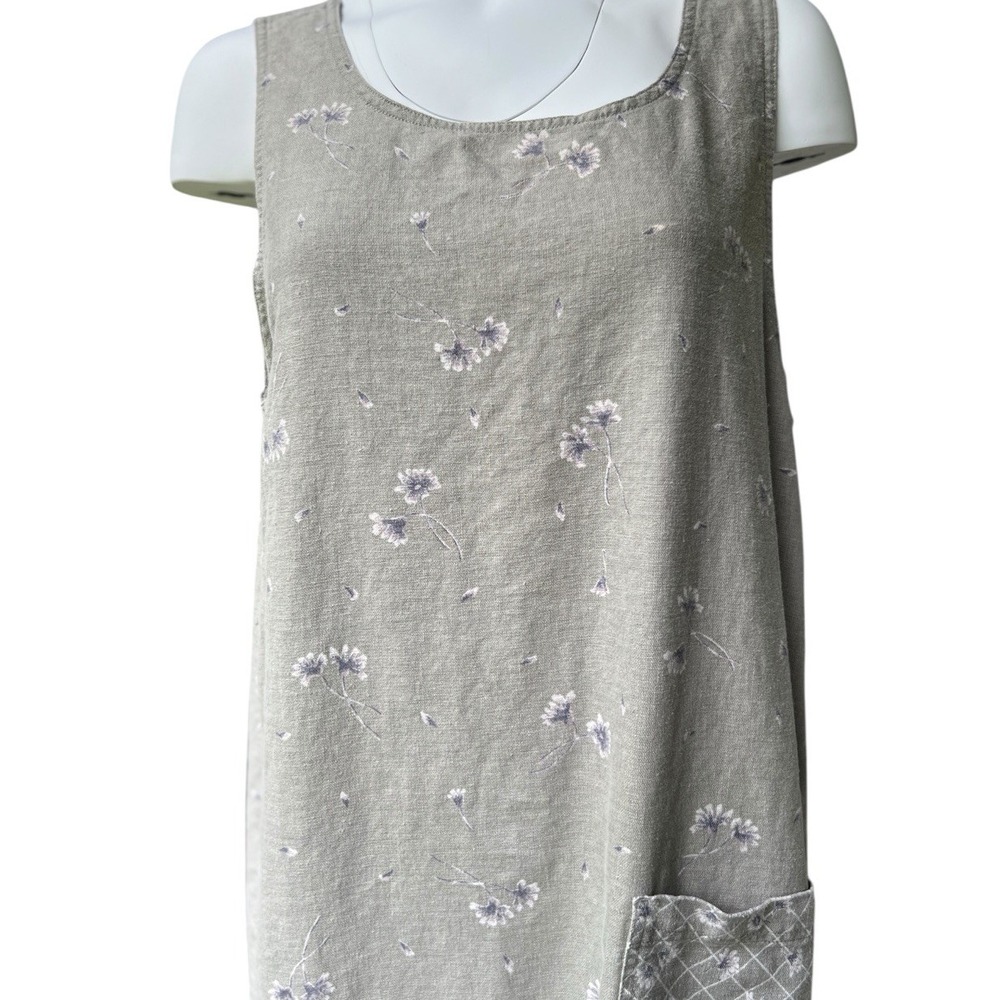 Vtg Erika Cottagecore Midi Dress Womens L Beige Floral Linen Blend Sleeveless